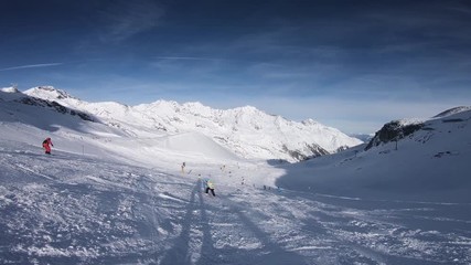 Poster - Skiing in high mountains. Wide ski slopes. Winter sports. Snow and sun in the mountains.