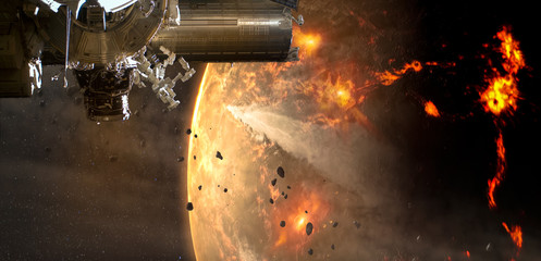 Wall Mural - spaceship arrives in alien planet asteroid, mission journey to the deep space. elements of this imag