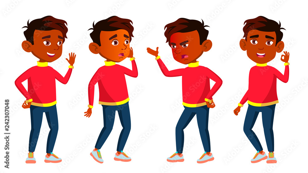 Indian Boy Schoolboy Poses Set Vector. Primary School Child. Happy ...