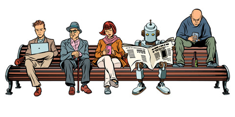 People and a robot sitting on a Park bench