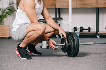 Wall Mural - cropped view of man sitting near barbell and putting heavy disk