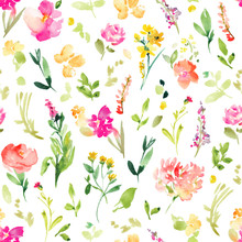 Spring Floral Field Pattern Background Wallpaper. Pink Spring Flowers Watercolor Pattern