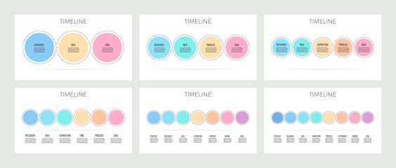 Wall Mural - Business infographics. Timeline with 3, 4, 5, 6, 7, 8 steps, options, circles. Vector template. Editable line.