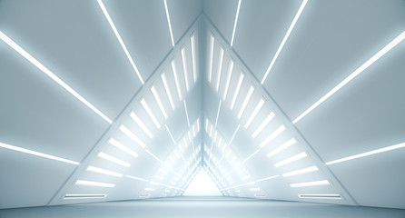 Abstract Triangle Spaceship corridor. Futuristic tunnel with light. Future interior background, business, sci-fi science concept. 3d rendering