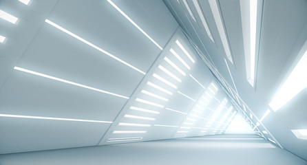 Wall Mural - Abstract Triangle Spaceship corridor. Futuristic tunnel with light. Future interior background, business, sci-fi science concept. 3d rendering