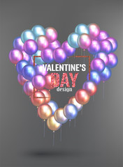 Wall Mural - Valentines Day card with colorful airballoons in shape of heart. Vector illustration