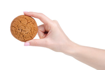 Wall Mural - Oatmeal cookies in hand on a white background isolation.