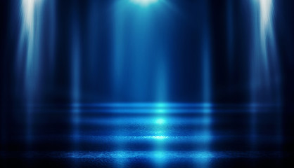 Aufkleber - Background of empty dark room with rays of light. Concrete floor with light reflection. Smoke, neon blue light