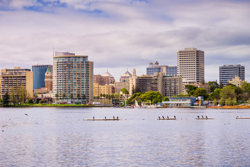 Downtown Oakland as seen from across Lake Merritt on a cloudy spring day, San Francisco bay area, California