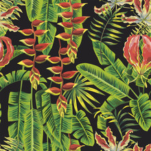 Green Leaves And Red Flowers Seamless Pattern Black Background