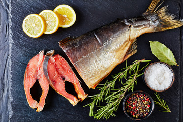 Wall Mural - smoked wild salmon cut in steaks, flatlay