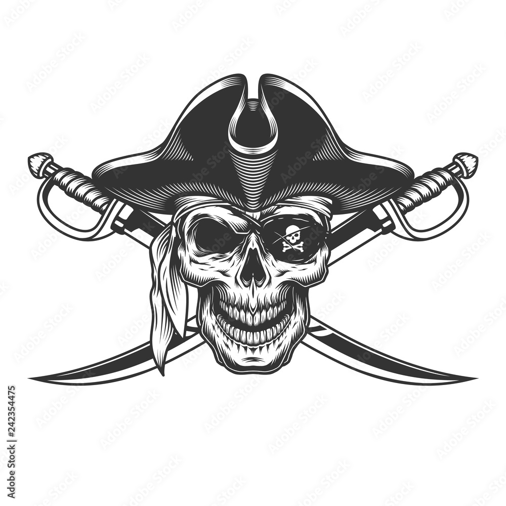 Vintage monochrome skull in pirate hat Stock Vector | Adobe Stock