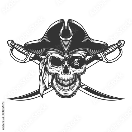 Vintage monochrome skull in pirate hat