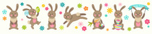 Set Of Cute Easter Cartoon Characters Rabbits And Design Elements Flowers. Easter Brown Bunny And Flowers. Vector Illustration