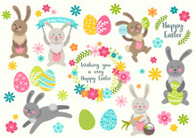 Set Of Cute Easter Cartoon Characters Rabbits And Design Elements Flowers. Easter Bunny, Eggs And Flowers. Vector Illustration