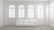 Room Of Interior With White Wall, Wooden Floor, Arched Windows And A Sofa With Bright Light Outside. Concept Of New Planning Home, Start To Moving In Or Mock Up Room For Your Product. 3d Illustration.