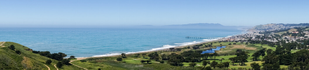 Wall Mural - Panoramic view of Pacifica coastline as seen from the top of Mori Point, Marin County in the background, California