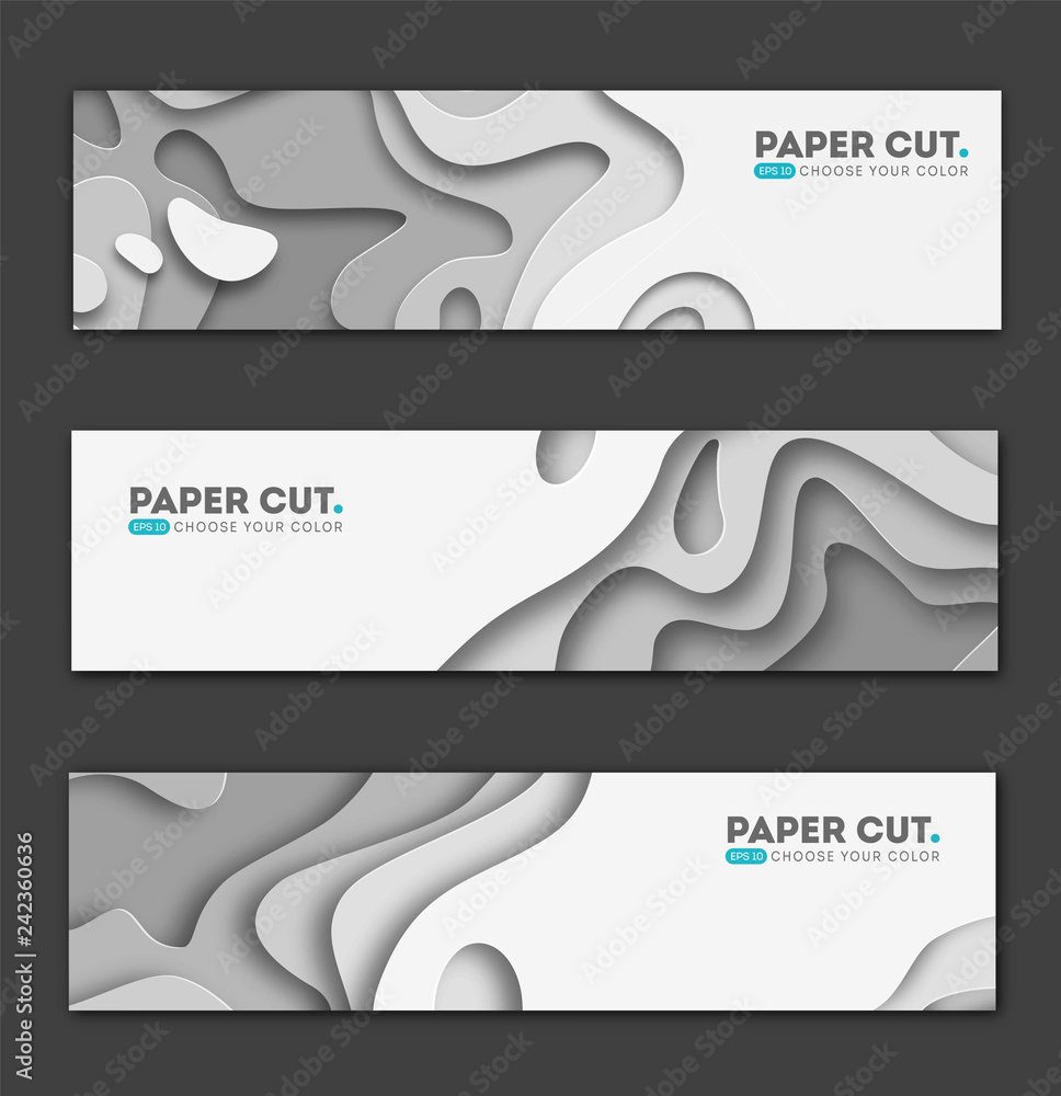 Horizontal banners with 3D abstract background, white paper cut shapes ...