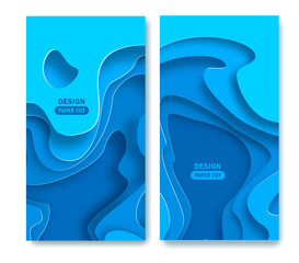 Wall Mural - vertical banners with 3d abstract blue background with paper cut shapes. vector design layout for bu
