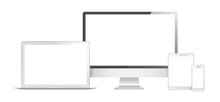 Light Realistic Set Of Monitor, Laptop, Tablet, Smartphone - Stock Vector Illustration. Set Of White Gadgets In Apple Design Isolated On White Background.