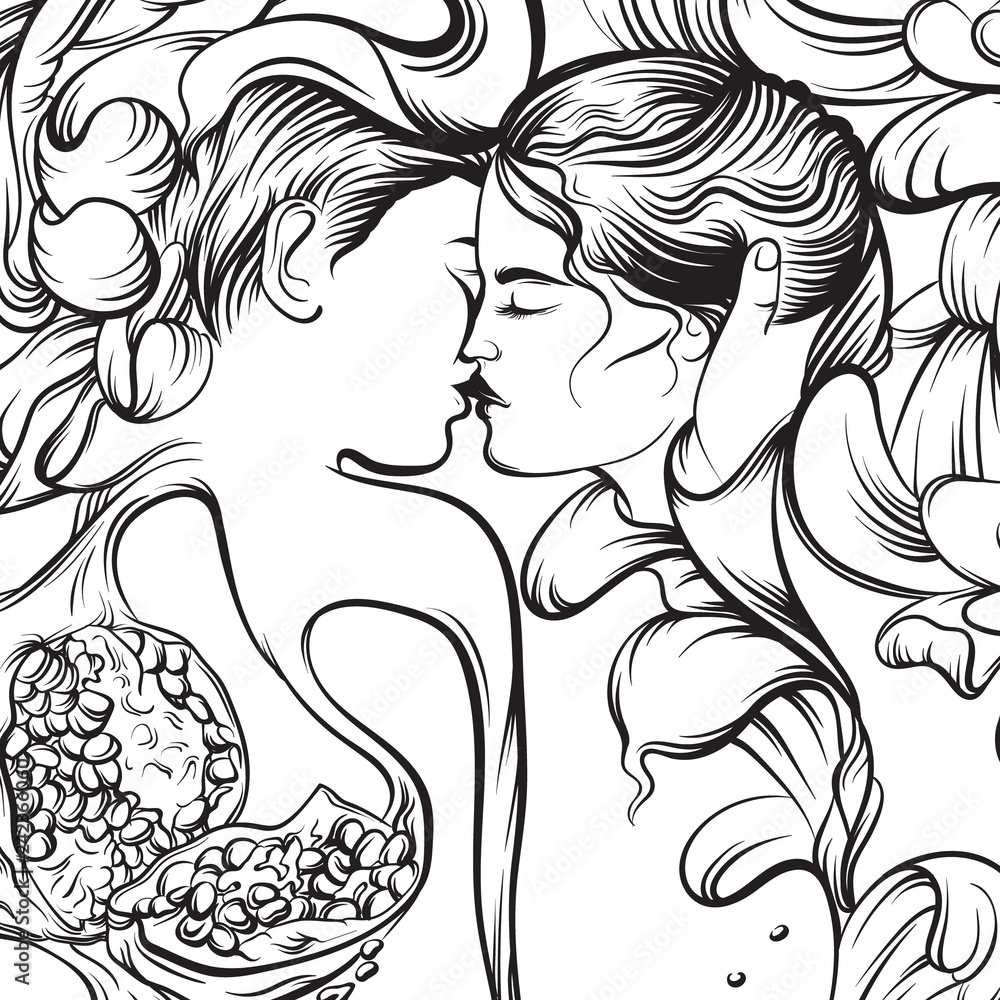 Vector surreal illustration with kissing lovers hands garnet and floral forms. Artwork in realistic line hand drawn style. Template for card poster banner and print for t-shirt - obrazy, fototapety, plakaty 