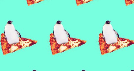 Wall Mural - Minimal motion pattern design.Penguin surf on pizza. pizza lover art