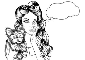 Outline portrait of sexy girl with little dog Yorkshire Terrier and the speech bubble in the pop art style. Vector illustration of retro girl in comics style.