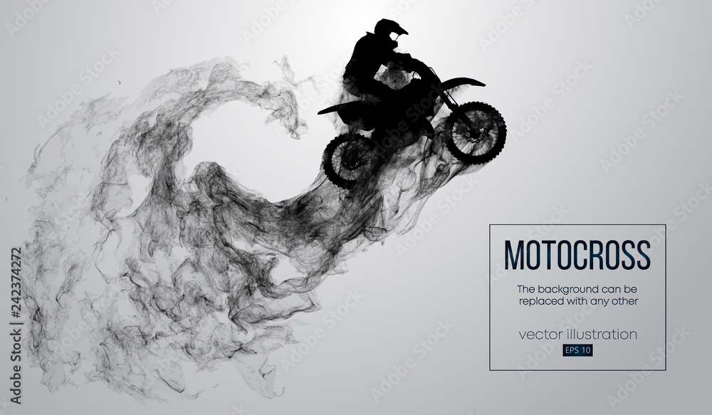 Abstract silhouette of a motocross rider on white background from particles, dust, smoke, steam. Motocross rider jumping and performs a trick. Background can be changed to any other. Vector - obrazy, fototapety, plakaty 