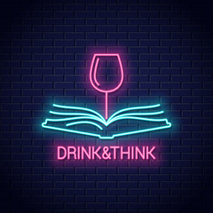 Wall Mural - Wine glass with book neon sign. Drink wine read