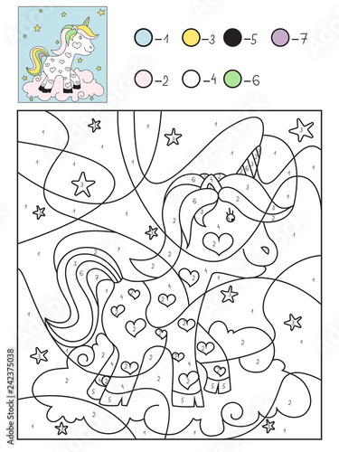 Cute unicorn vector coloring book by numbers for kids ...
