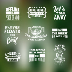 Vector collection of quote typographical background about boat, forest, mountains with hand drawn illustrations. Template for card banner poster t-shirt.