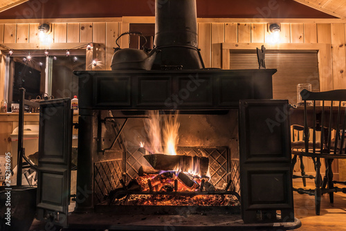 Indoor Wood Burning Fireplace Inside Of A Cozy Wooden Cabin Buy