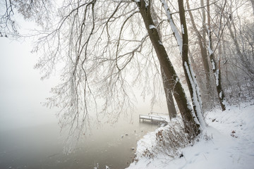 Sticker - Pier on frozen winter lake in the fog