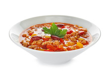 Bowl With Tasty Chili Con Carne On White Background