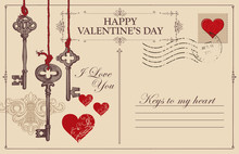 Retro Valentine Card In Form Of Postcard With Keys, Keyhole And Red Hearts. Romantic Vector Card In Vintage Style With Place For Text And With Calligraphic Inscriptions I Love You And Keys To My Heart
