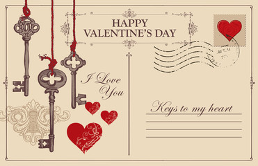 Retro valentine card in form of postcard with keys, keyhole and red hearts. Romantic vector card in vintage style with place for text and with calligraphic inscriptions I love you and Keys to my heart