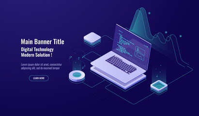 Wall Mural - programming concept isometric icon, laptop with program code on screen, data visualization dark neon