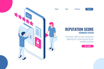 Reputation score isometric concept, opinion with star on mobile phone app, feedback, ux ui desing, application development, color isometric flat vector