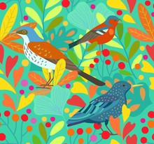 Seamless Pattern With Birds And Berries