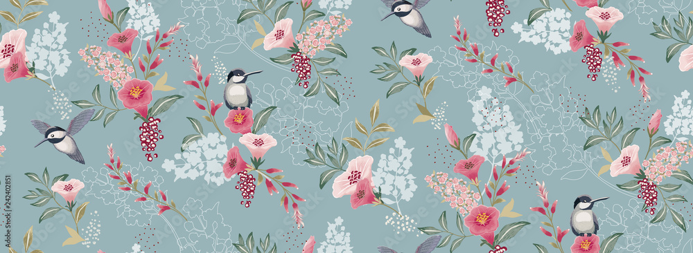  Vector illustration of a seamless floral pattern with cute birds in spring for Wedding, anniversary, birthday and party. Design for banner, poster, card, invitation and scrapbook  - obrazy, fototapety, plakaty 