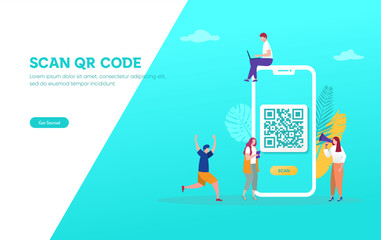 QR code scanning vector illustration concept, people use smartphone and scan qr code for payment and everything, can use for, landing page, template, ui, web, mobile app, poster, banner, flyer