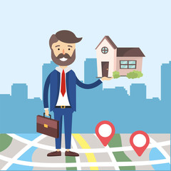 Poster - businessman with real state house with map location