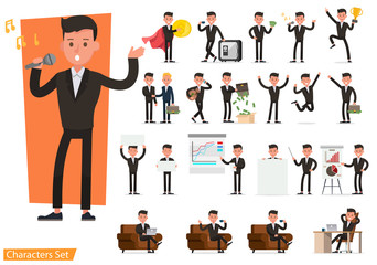 Set of business people wearing brown suit and working character vector design. Presentation in various action with emotions, running, standing and walking. no3