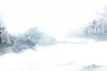 Wall Mural - Winter wonderland landscape painted by watercolor vector