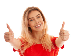 Beautiful young woman in red t shirt gesture success with showing thumbs up isolated over white
