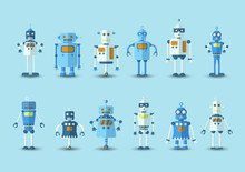Retro Vintage Funny Vector Robot Set Icon In Flat Style Isolated On Blue Background. Vintage Illustration Of Flat Chatbot Icon Collection. Set Of Cute Cartoon Retro Robot Icons, Vintage Chat Bot Set