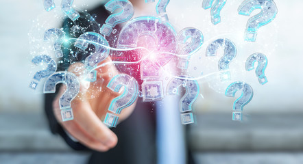 Poster - Businessman solving problem with digital question marks 3D rendering
