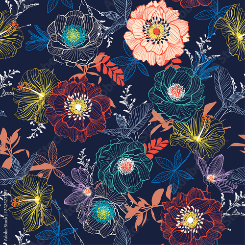 Dekoracja na wymiar  linia-reka-szkic-kwitnacy-kwiat-ogrodowy-kontrast-kolorowy-wzor-wektor-dla-modnej-tkaniny-i-wszystkich-nadrukow