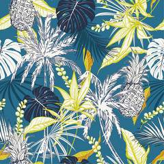 Wall Mural - Summer colorful  tropical forest  leaves and tress  hand drawn style seamless pattern vector for fashion fabric , wallpaper, and all prints