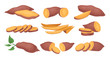 Flat vector set of whole and sliced sweet potatoes. Ripe and tasty vegetable. Natural and healthy food. Raw batat